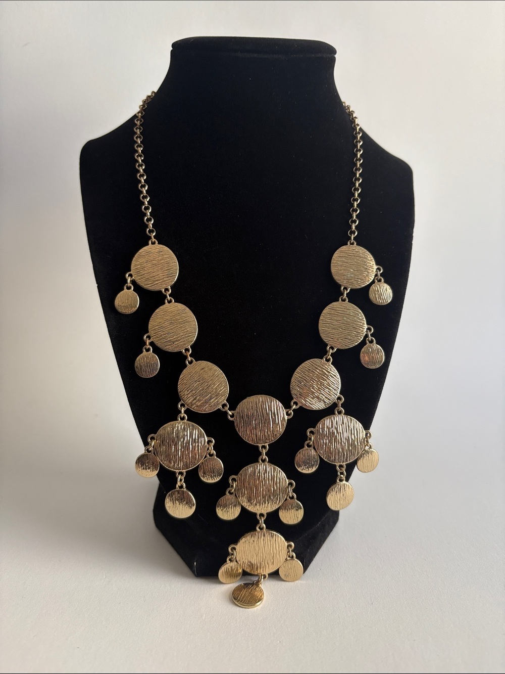Gold Disc Drop Necklace Textured Layered Statement Women Jewelry